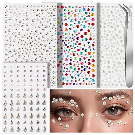 Teenitor Face Gems Self Adhesive Face Gems and Pearls for Makeup, Festival Jewels, Hair Gems, Rhinestone Stickers for Face, Eye, Makeup, Body