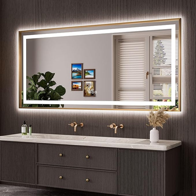 Amorho 77"x 36" Gold LED Bathroom Mirror, Metal Framed Mirror with Front Light and Backlit, Stepless Dimmable, Anti-Fog, Shatter-Proof, Memory, 3 Colors