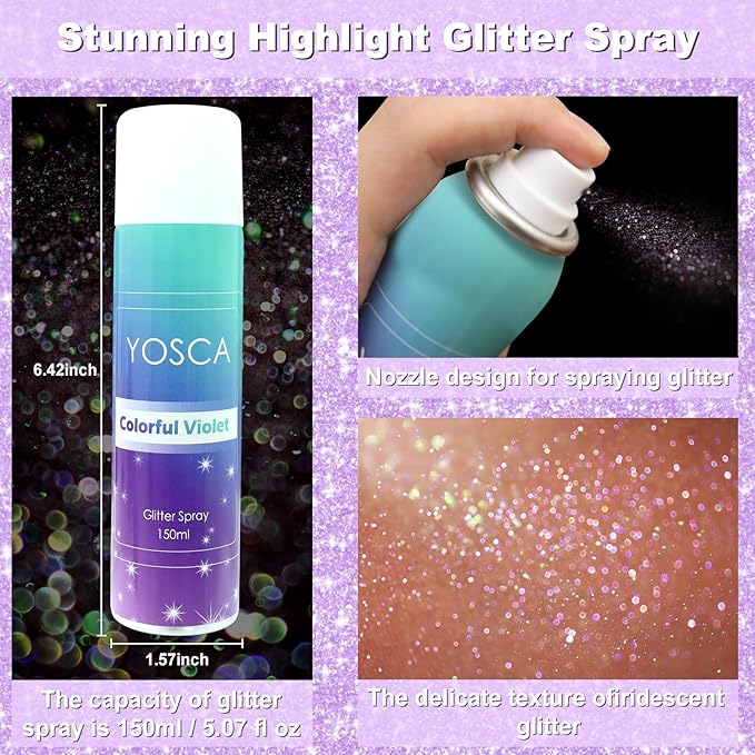 YOSCA Body Glitter Spray, 150ML Shimmer Hairspray for Hair, Body, Clothes - Quick-Drying, Long-Lasting Shiny Spray for Festival, Music Concert, Party, Rave Accessories