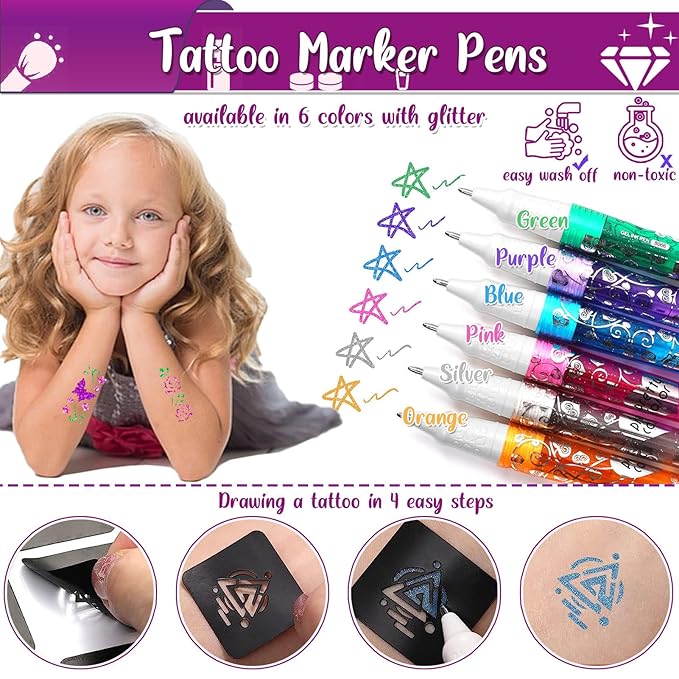TEUVO Kids Glitter Tattoo Kit with 25 Colors, 225 Stencils, 6 Pens, 2 Rhinestone Sheets, 5Brushes, 3Glues, 20 Sheets Colorful & Glow-in-the-dark Mixed Temporary Tattoos Stickers for Halloween Birthday