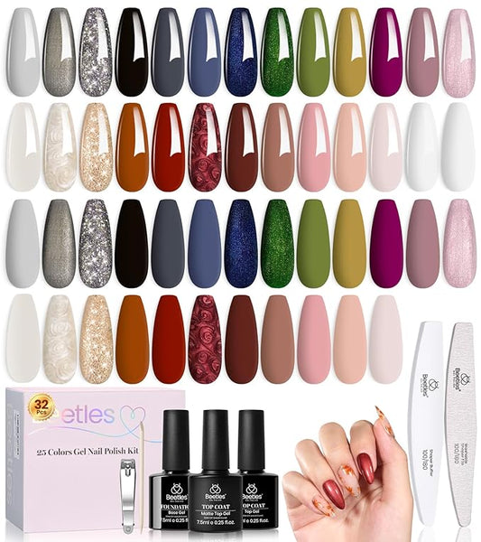 beetles Gel Polish Set - Fall Gel Nail Polish Kit 33Pcs 25 Colors Black White Burgundy Blue Nude Grey Green Glitters UV Nail Polish Set with Top Base Coat Soak off Nail Art Gift for Women Gilded Veil