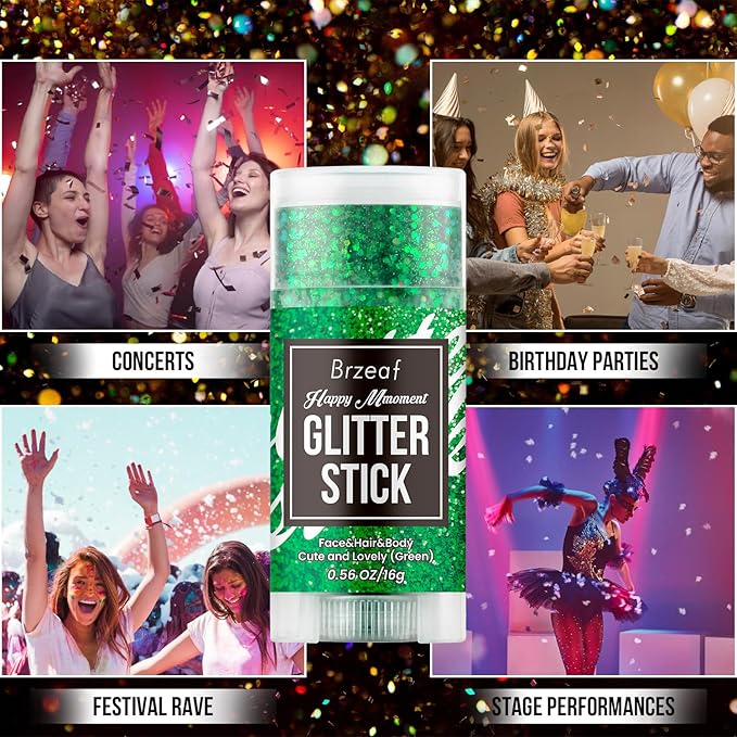 Brzeaf Waterproof Green Body Glitter Stick, Halloween Chunky Glitter for Face/Body/Hair/Eyes/Lip, Singer Concert Music Rave Festival, Glitter Stick Makeup & Face Glitter Gel for Women Men 0.56 OZ