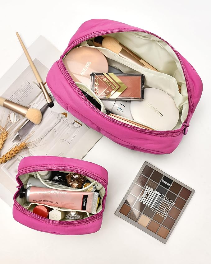 oscaurt 2 Pcs Makeup Bag Travel Toiletry Bag for Women Puffy Padded Cosmetic Pouch Purse Wide-open Makeup Organizer Case Travel Essentials