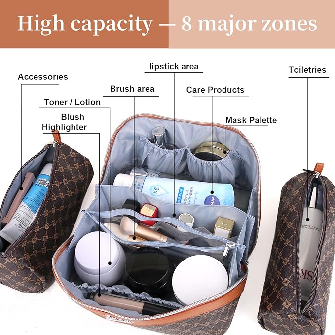 BOYATU Travel Makeup Bag Cosmetic Bags for Women: 3 Pcs Set Large Portable Make up Bag with Handle - Vegan Leather Toiletry Bags with Compartments - Makeup Organizer for Travel Essentials(01-Coffee)