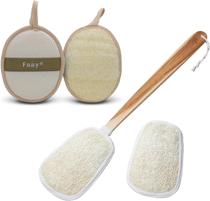 FAAY Thai Loofah Spa Set – 17″ Teak-Handled Back Scrubber with Refill + 2 Face & Body Exfoliating Pads