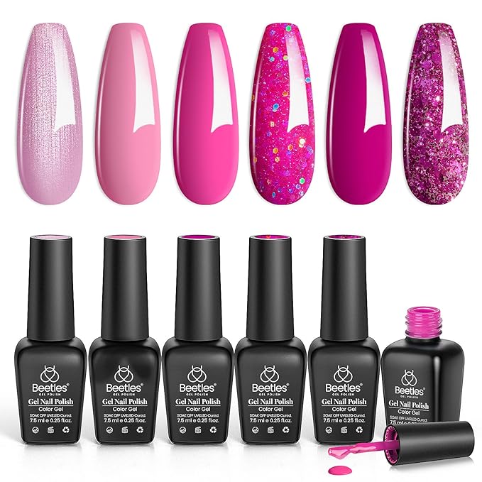 beetles Gel Polish Pink Angel - Christmas Gel Nail Polish Set Pink Rose Nude Glitter Sparkle Light 6 Colors Kit Soak off Uv Led Nail Art DIY Salon Home Gift for Women Girls