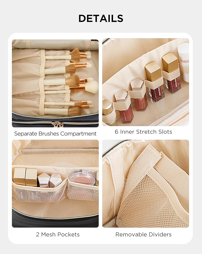 Makeup Bag for Women, X-Large Travel Makeup Bag Organizer, Portable Toiletry Bag, Cute Makeup Bags, Waterproof Leather Cosmetic Bag, Makeup Case with Removable Dividers, Black