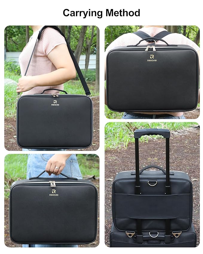 Relavel Travel Makeup Bag With LED Mirror, 16.2" Large Makeup Train Case, 3 Color Scenarios Adjustable Brightness, Waterproof Makeup Train Case Organizer with DIY Dividers for Makeup Artist, Black