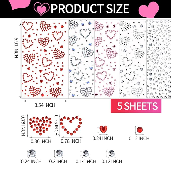 YGDZ Face Gems 5 Sheets Hair Gems, Self Adhesive Face Jewels Stickers, Heart Festival Face Gems Stick on, Rhinestone stickers for Face, Eye, Makeup, Rave Accessories for Kids, Women