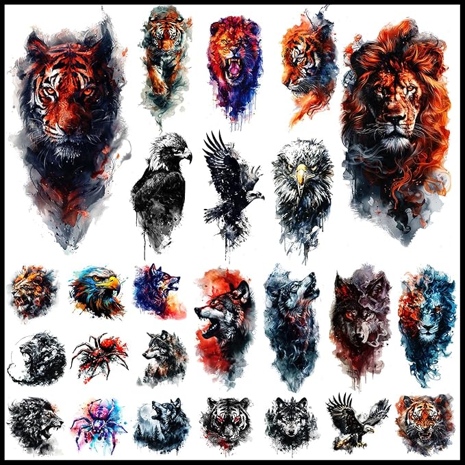 25 Sheets Beast Temporary Tattoos for Men Adult - 12 Sheets Sleeve Arm Watercolor Lion Wolf Fake Tattoos,13 Sheets Tiger Eagle Tattoos For Men
