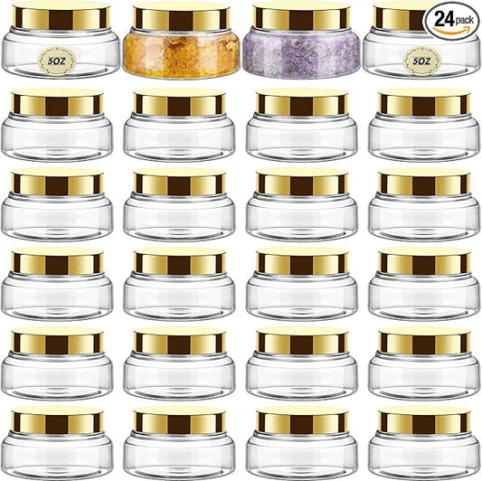 Tessco 24 Pack Plastic Jars with Lids Labels Empty Clear Plastic Jars Round Refillable Cosmetic Containers Body Butter Containers Bulk Sugar Scrub Bottle for Make Up(5 oz,Gold)