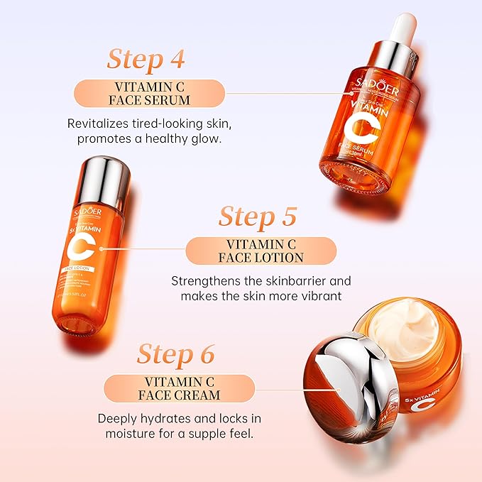 Compatibility Vitamin C Skincare kit SADODER,Skin Hydration | 2x Gift Box ( 6-Piece Face Care Kit ) Includes Toner,Serum, Cleanser,Moisturizer,Eye Cream & Body Lotion,Gift,Women