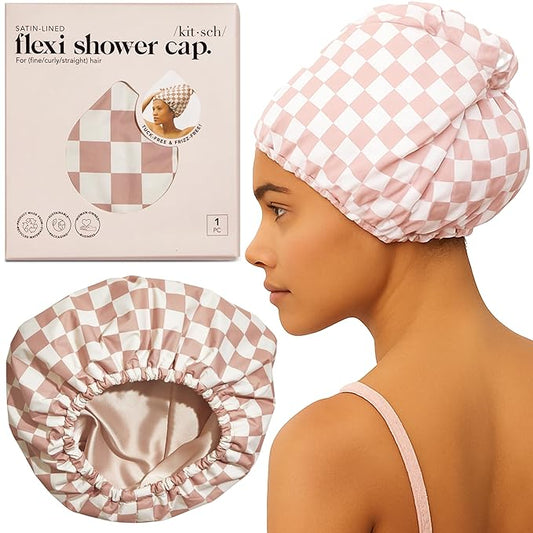 Kitsch Luxury Shower Caps for Women Reusable Waterproof - Flexi Satin Lined, Large Wide Shower Cap for Women & Men, Adjustable, Stylish Hair Cap for Shower, For Long & Short Hair - Terracotta Checker