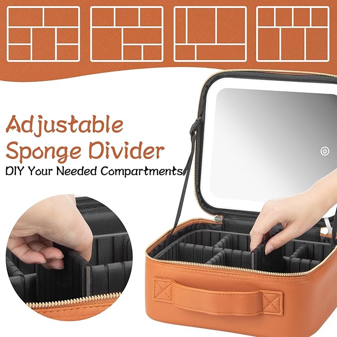 Makeup Travel Train Case with Mirror LED Light 3 Adjustable Brightness Large Cosmetic Bag Portable Storage Adjustable Partition Waterproof Makeup Brushes Make up Jewelry Gift for Women