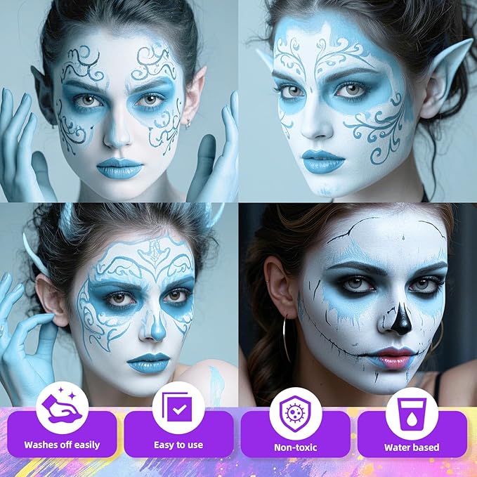 2Pcs Face Body Paint, Professional Paint for Halloween Cosplay Costume Party, Full-coverage Multi-Color Cream Makeup Body Paint for Adults Halloween Cosplay SFX Makeup Paint (White+Light Blue)
