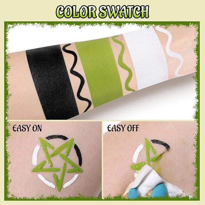 Black White Ogre Green Face Body Paint with Applicator, Oil Based Face Painting Kit for Halloween Green Monster, Frankenstein, Alien, Evil Creature Makeup, SFX Cosplay, Costume Parties, Dress Up