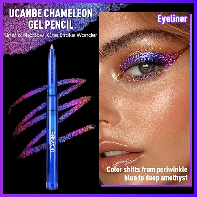 UCANBE Chameleon Eyeshadow & Eyeliner Gel Pencil-Multichrome Shifting Colors Metallic Glitter Eye Makeup,Waterproof Long-Lasting Smudge-Proof Multi-Dimensional Color (Periwinkle Blue to Deep Amethyst)