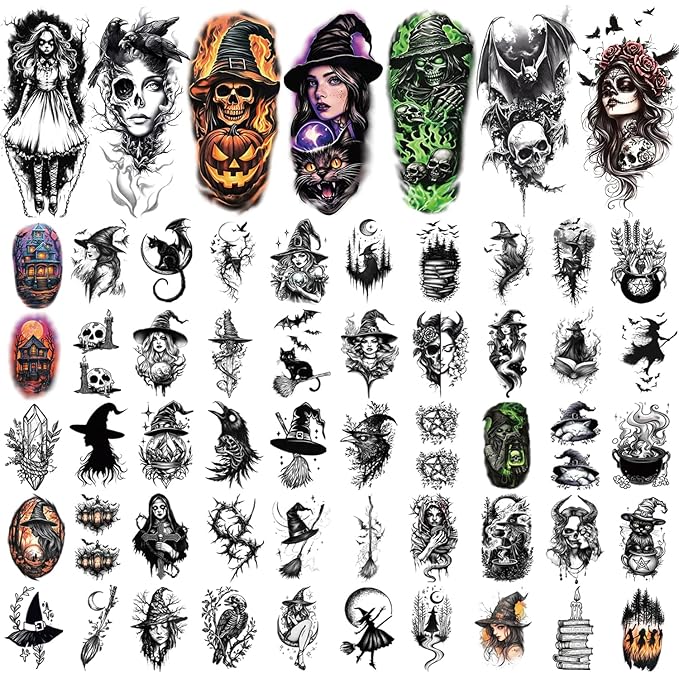 77 Sheets Halloween Temporary Tattoos, Witch Makeup Kit, Scary Witch Hat Cat Skull Bat Crow Black Moon Horro Half Arm Fake Tattoo Stickers for Adult Women Boy Girl
