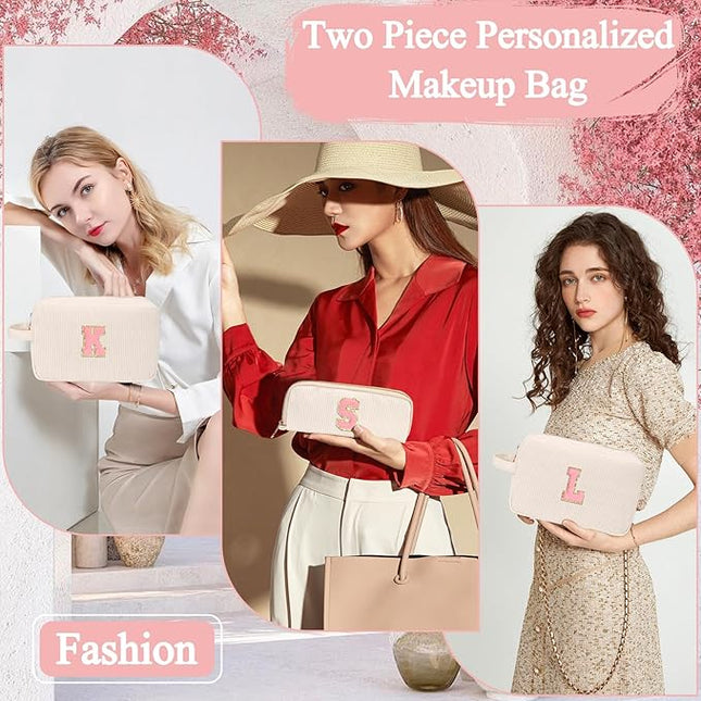 Personalized Initial Makeup Bag Trendy Stuff Corduroy Cosmetic Bag Travel Toiletry Bag, Valentine’s Day Gift Makeup Organizer Case & Makeup Pouch for Women Teen Girls Mom Girlfriend Wife
