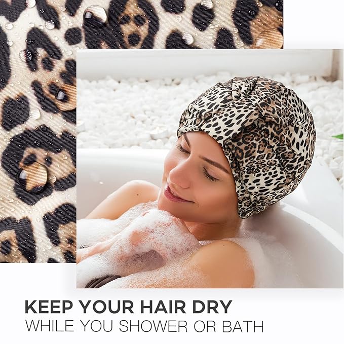 INNELO Luxury Shower Cap for Women Reusable Waterproof, Double Layered Shower Hair Cap with Adjustable Elastic Strap, Large Satin Lined Shower Bath Cap for Long Curly Straight Hair, Leopard