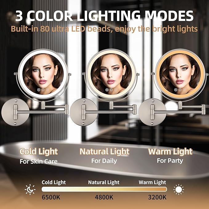 9" Wall Mounted Lighted Makeup Mirror with Magnification, 1X/10X Magnifying Mirror with Light, 3 Color LED Dimmable 2000mAh Rechargeable Light Up Magnifying Mirror Nickel Extendable