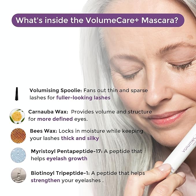VolumeCare+ Mascara For Older Women - Extreme Length and Volume 2-in-1 Formula - No Clumps, Long-Wearing, Hypoallergenic Mascara For Sensitive Eyes (Natural Black)
