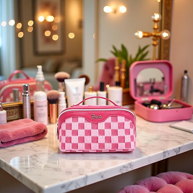 BOYATU Travel Makeup Bag for Women: Large Cosmetic Bag Set of 3 - PU Leather Make up Bag with Compartments - Compact Waterproof Toiletry Bag with Divider & Handle (C-04Red)