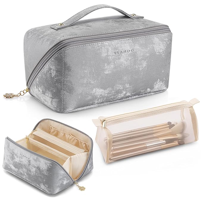 Vlando Makeup Bag,Large Capacity Toiletry Bag for Women Waterproof Portable Make up Pouch PU Leather Open Flat Cosmetic Bag(Silver)