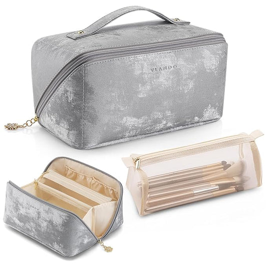 Vlando Makeup Bag,Large Capacity Toiletry Bag for Women Waterproof Portable Make up Pouch PU Leather Open Flat Cosmetic Bag(Silver)