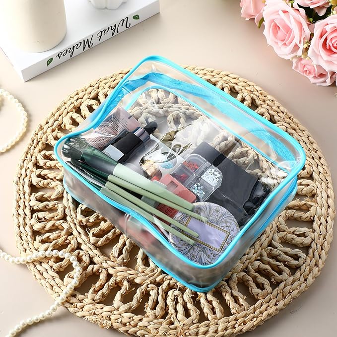 Weewooday 12 Pieces Clear Makeup Bags Cosmetic Storage Bags PVC Zipper Pouches Travel Waterproof Makeup Plastic Case for Women Organizing Toiletries Traveling Bathroom(Large,Blue)