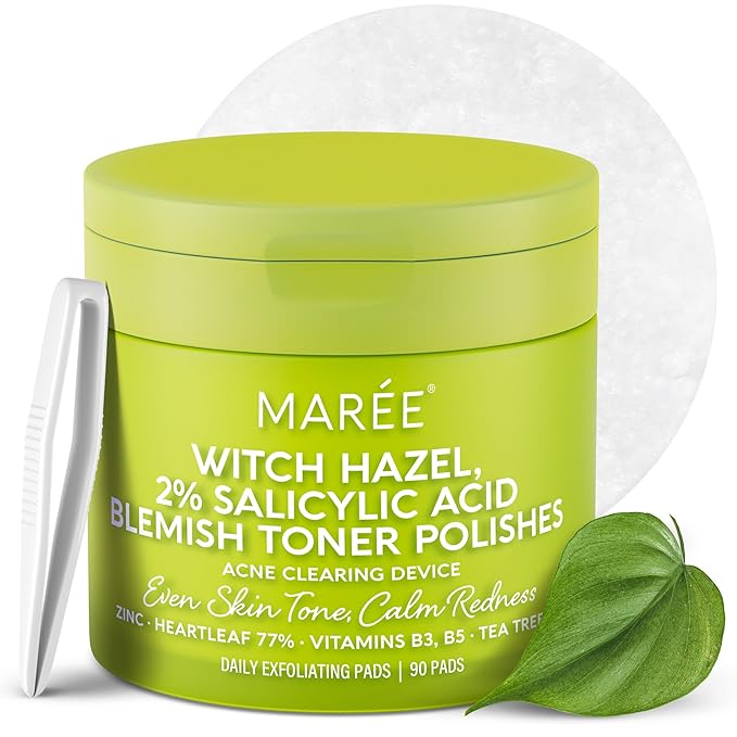 MAREE Blemish Acne Clearing Polishes - Daily Facial Radiance Toner Pads - Witch Hazel Pads Acne Face Toning - Acne Skin Care with BHA Salicylic Acid - Blemish Clearing Witch Hazel Device