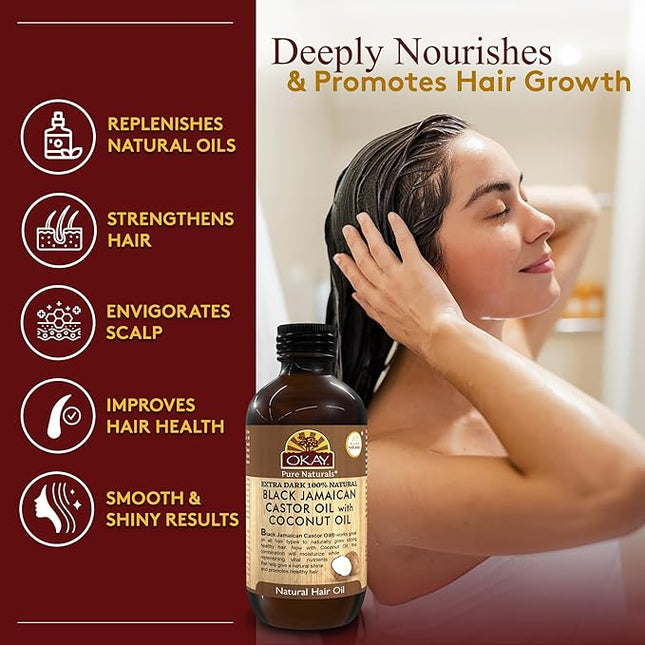 Okay Pure Naturals 100% Pure Black Jamaican Castor Oil with Coconut Oil - Castor Oil for Hair Growth for Men & Women, Moisture for Skin, Scalp, Eyelashes, Eyebrows - 4 oz Glass Bottle (2 Pack)