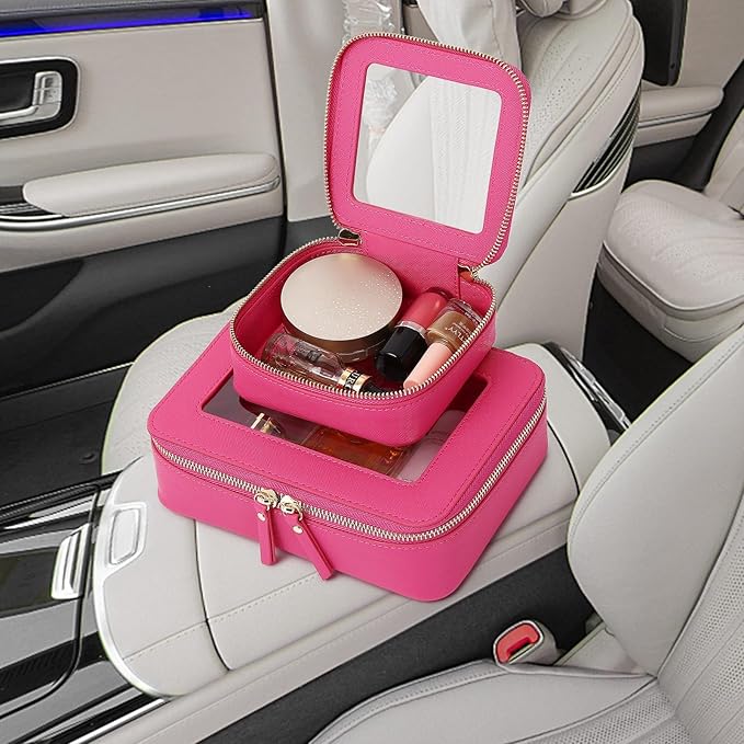 Pinkmik Small Makeup Bag Mini Clear Cosmetic Makeup Case & Toiletry Bag with Zipper Women's Purse Organizer & Car Essentials (X/Fuxia, MINI),