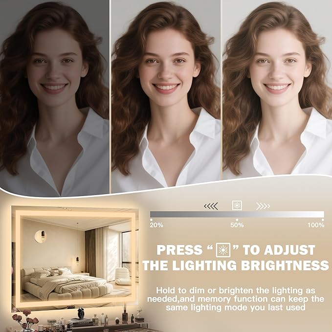 38"x28" Inch Large Lighted Vanity Mirror, 3-Color Lighting & Dimmable Modes, LED Makeup Mirror for Bathroom/Dressing Room (Wall/Tabletop Mount, White)