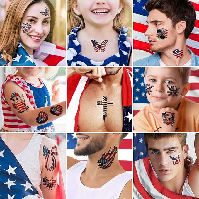 77 Sheets Independence Day Temporary Tattoos, USA Flag Patriotic Waterproof Fake Tattoos, Red White and Blue Party Supplies Tattoo for 4th of July Memorial Day, Veterans Day Tattoos