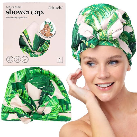 Kitsch Luxury Shower Caps for Women Reusable Waterproof - Large Shower Cap for Women and Men, Non-slip, Quick-dry Hair Cap for Long & Short Hair, Comfortable and Stylish Design - Palm Leaves