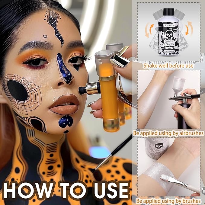 BOBISUKA Black Face Body Paint Liquid Texture Washable Non Toxic Facepaint Fast Drying Foundation Makeup for Halloween Clown Skeleton Skull Cosplay SFX Costume Party Large Capacity(130ml)