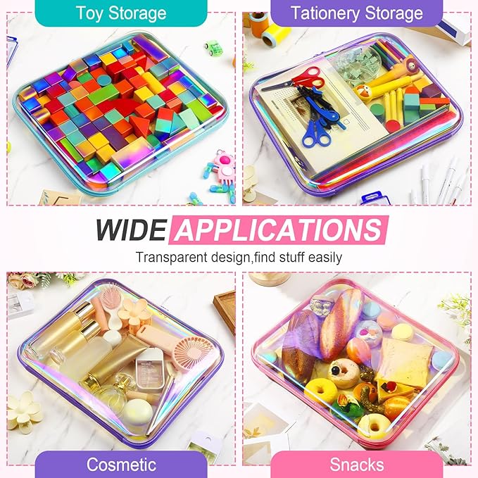 Sanwuta 6 Pcs Clear Hard Zipper Case Pencil Pouches Hard Plastic Zipper Pouches Makeup Bag Transparent Cases for Snacks Plastic Storage Organizer Box for Travel(Holographic,13.78 x 11.81 x 2 Inch)