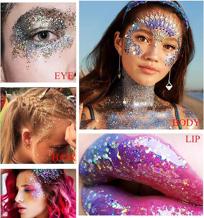 Purple Face Body Glitter Stick, Mardi Gras Outfit for Women and Kids,Sparkly Holographic Party Festival Rave Mardi Gras Accessories for Carnival, Chunky Holographic Face Glitter Makeup