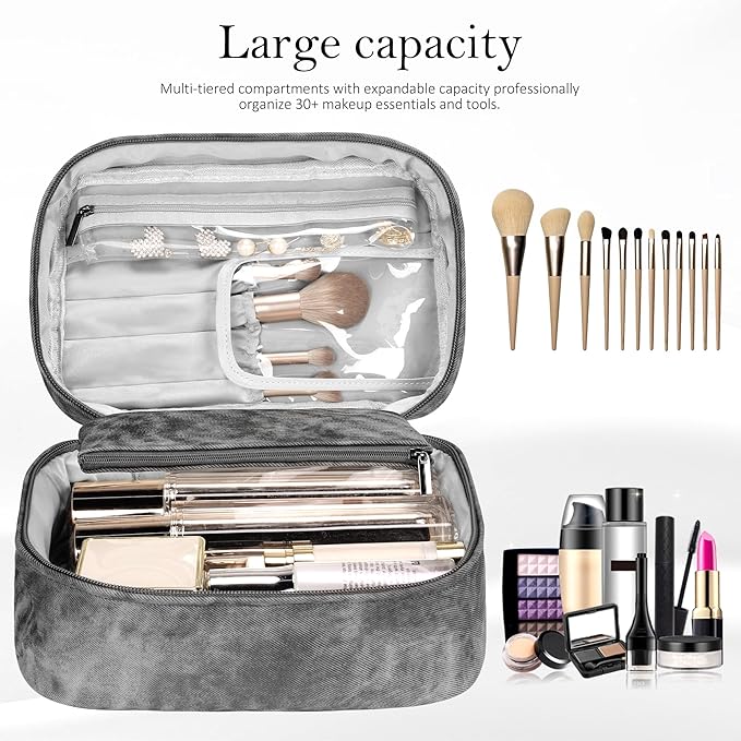 Makeup Bag, Portable Cosmetic Bag, Large Capacity Travel Makeup Case Organizer,Stylish Denim-Look Toiletry Bag for Women Girls With Handle and Removable Pouch