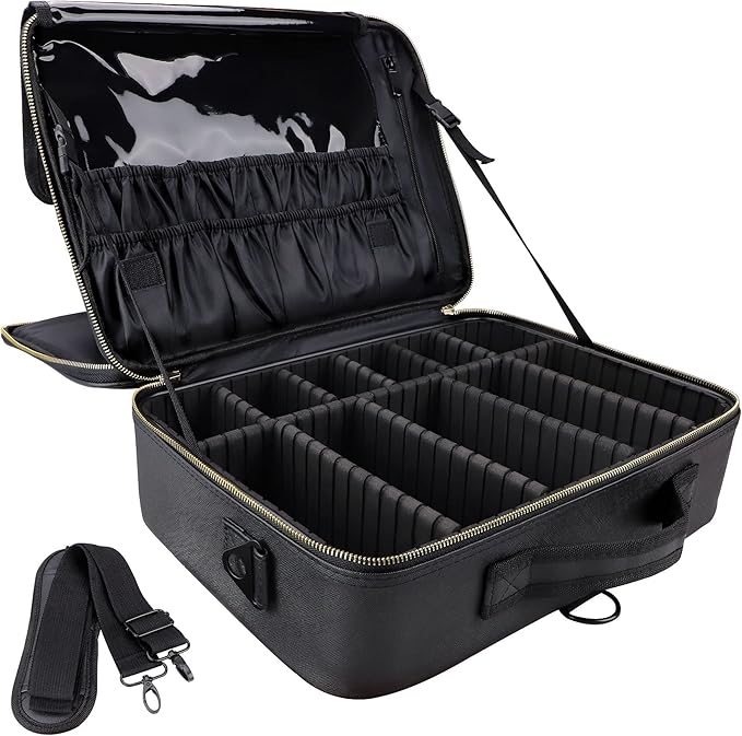 JOURMON Travel Makeup Case 3 Layers Portable Makeup Train Case Cosmetic Bag Organizer Storage for Women with Adjustable Dividers and Shoulder Strap for Toiletry Travel Accessories(Black, L)
