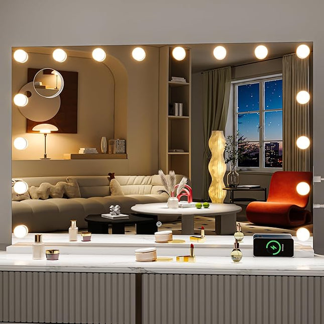 Hasipu Hollywood Vanity Mirror with Lights, 35" x 24" Makeup Mirror with 16 Dimmable LED Bulbs 3 Color Modes & Detachable, 5X Magnifying Glass, Touch Control, USB and Type-C, Tempered Glass
