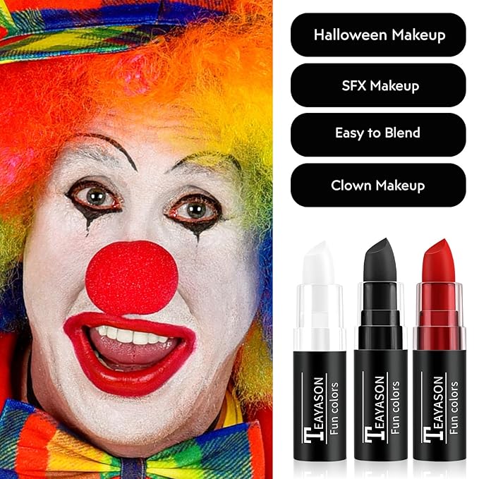 Black Red White Face Paint Halloween Makeup Kit, Matte Lipstick Set Football Baseball Eye Black Stick, Body Paint Face Makeup for Halloween Zombie Clown Vampire Skeleton Joker Cosplay