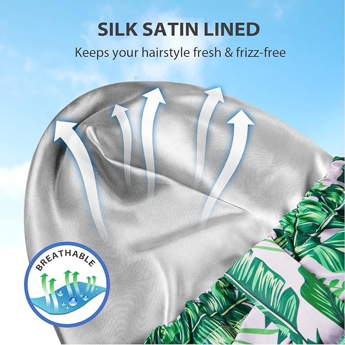 INNELO Luxury Shower Cap for Women Reusable Waterproof, Double Layered Shower Hair Cap with Adjustable Elastic Strap, Large Satin Lined Shower Bath Cap for Long Curly Straight Hair, Palm leaves