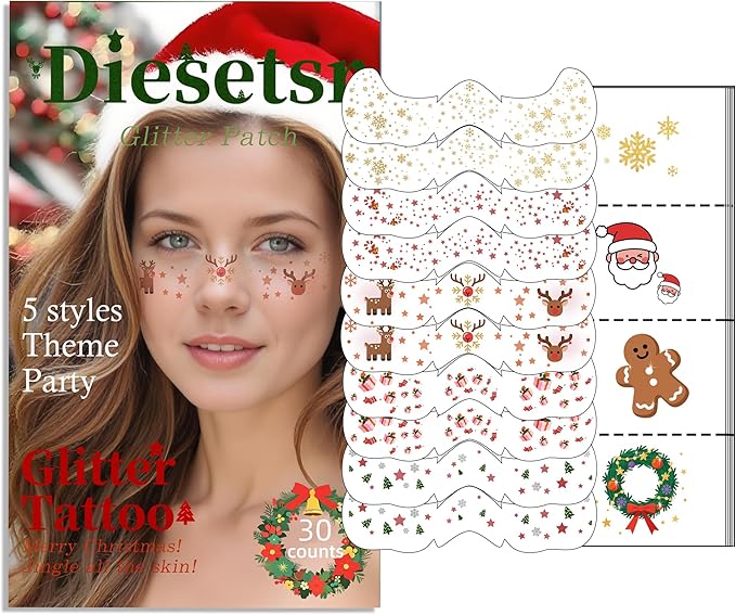 Christmas Glitter Face Tattoo,Diesetsr Body Glitter Temporary Tattoos Patches, Festival Rave Outfits for Women, Sparkle Patches for Kids, Party Christmas Festival Decorations,30 PCS