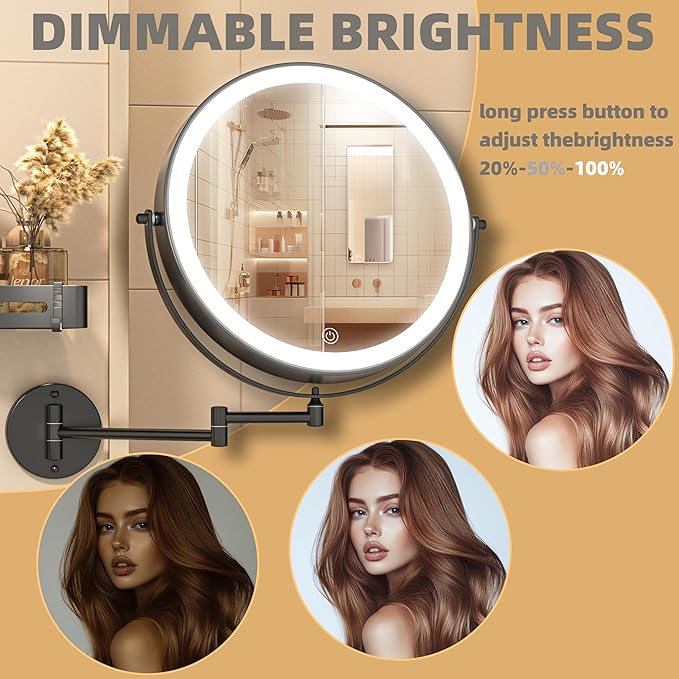 8.5" Wall Mounted Makeup Mirror with Light, 2000mAh Rechargeable Double Sided 1X / 10X Magnifying Vanity Mirror, 3 Color Lights Touch Dimmable 360° Rotation Bathroom Mirror, Black