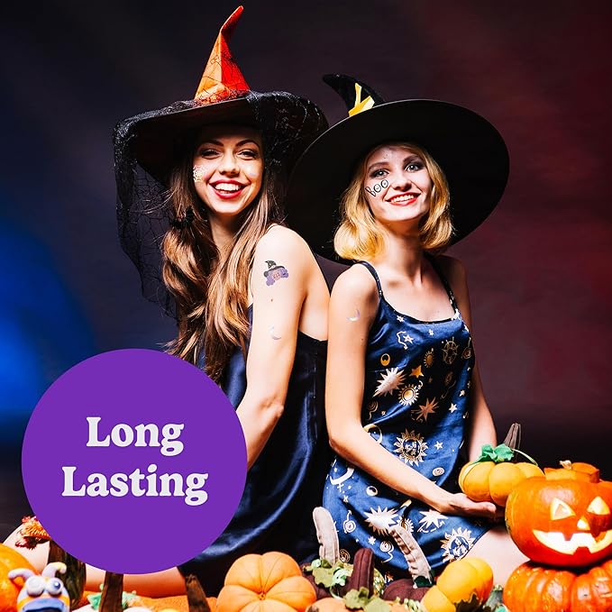 HOUSE OF PARTY Halloween Tattoos - 56 Pcs Hocus Pocus Stickers, Bat Tattoo, Skull Stickers, Witch Tattoo, Spider Webs - Fun for Kids and Adults - Ideal for Party Supplies