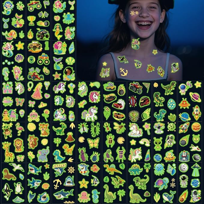 180 PCS Glow in The Dark Temporary Tattoos for Kids Boys Girls Luminous Truck Mermaid Unicorn Dinosaur Shark Animal Space Fake Tattoo Stickers for School Show Birthdays Halloween Party Supplies