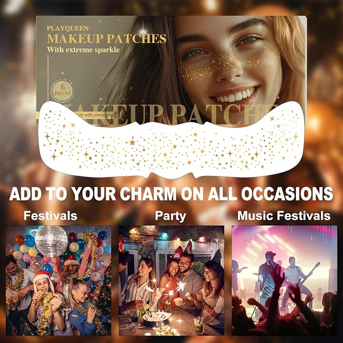 Glitter Freckles Face Tattoo，Face Makeup Patches，Golden Fake Freckles-6 Count，Waterproof-Fun & Creative Face Glitter Stickers，Temporary Face Freckles for Women，Must-Have for Music Party Makeup