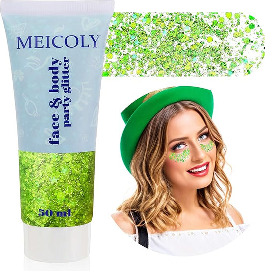 MEICOLY St Patricks Day Accessories,St Patricks Day Outfits for Women,Lime Green Face Glitter,Light Green Body Glitter,Glitter Face Paint for Party Festival,Chunky Glitter Makeup for Face/Body/Hair